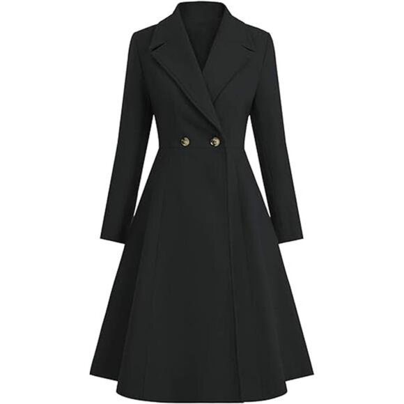 Women's Long Wool Trench Coat Winter Warm Black